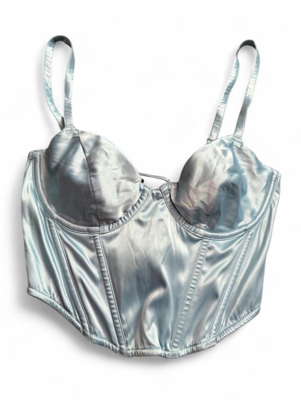 Iridescent Silver Satin Longline Bustier Bra